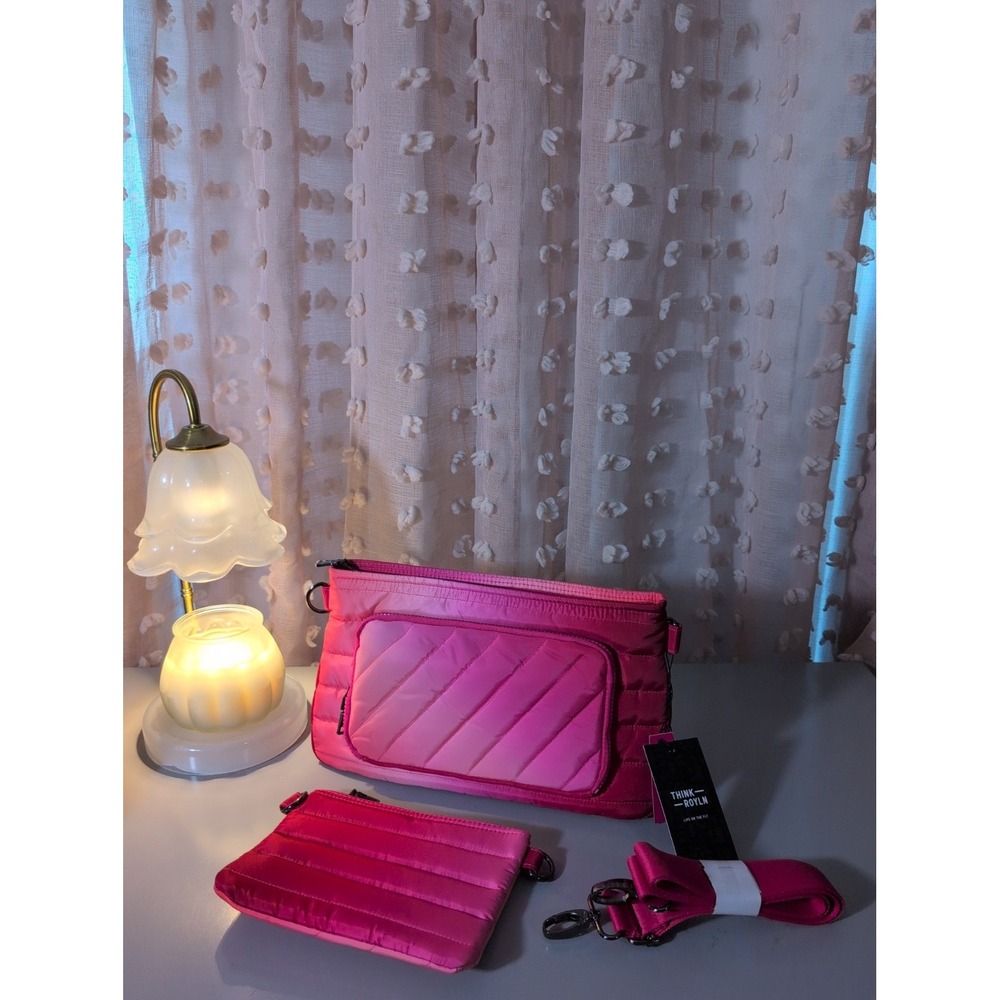 Think Royln Bank Street XL Crossbody w/Pouch Fuchsia Ombre Quilted Puffer NEW